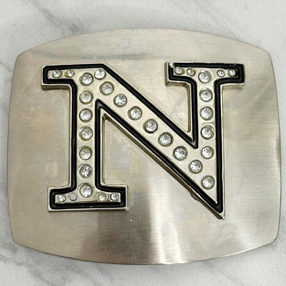 Rhinestone Studded N Letter Initial Monogram Silver Tone Belt Buckle